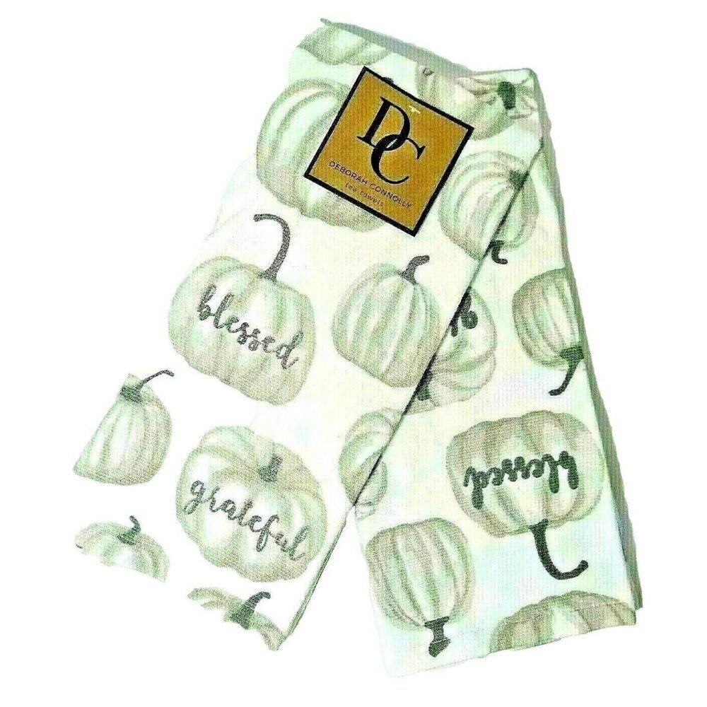 Deborah Connolly Kitchen Towels Silver Gray Pumpkins Blessed Grateful 2-Pc Gift